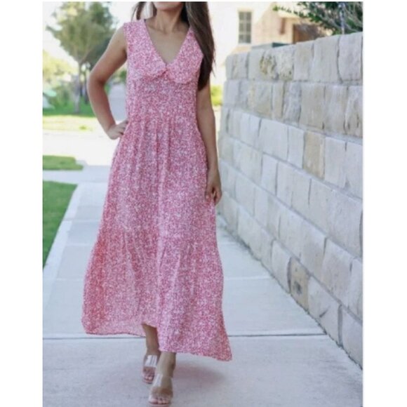 Zara Oversized Floral Print Maxi Dress Peter Pan Collar Tiered Red White Medium - Picture 14 of 15